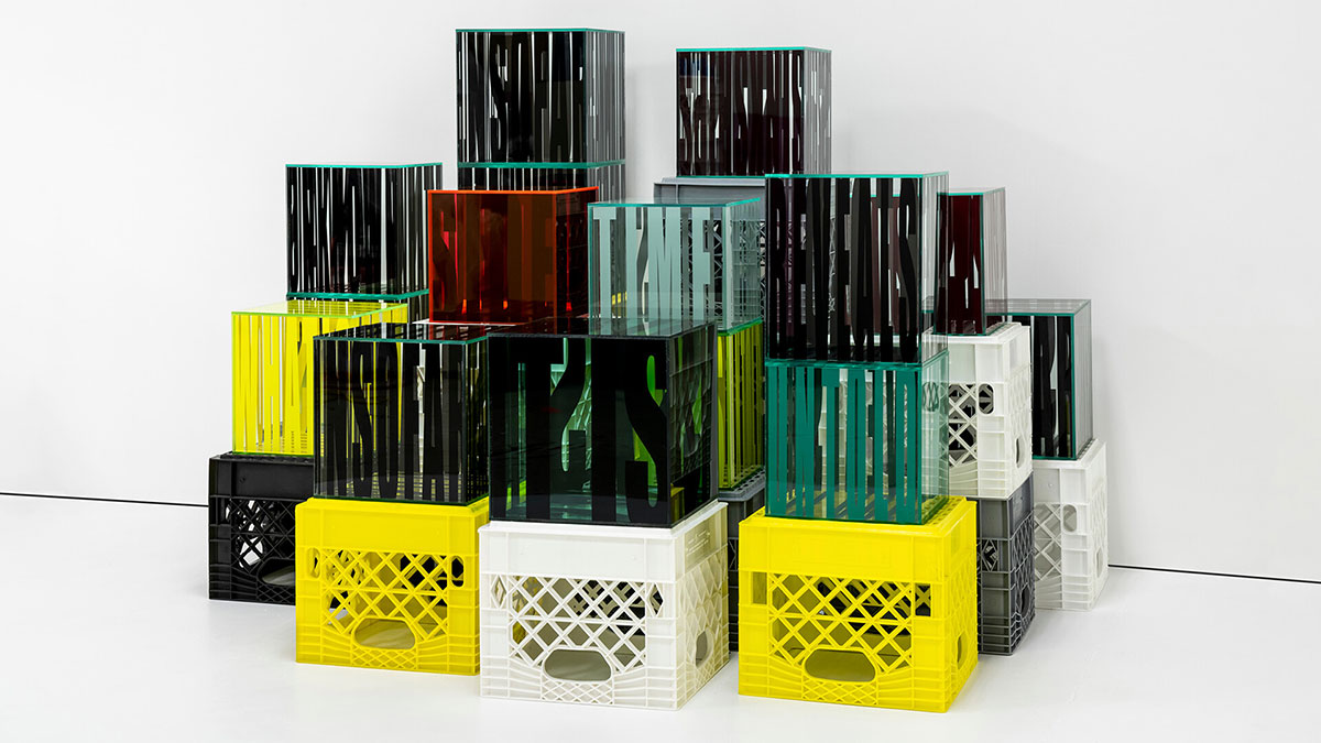 Kristin Bauer, Babel, 2017–20. Synthetic polymer pigment, cast acrylic, milk crates, dimensions variable. Courtesy of the artist. Photo: Grey Shed Studio