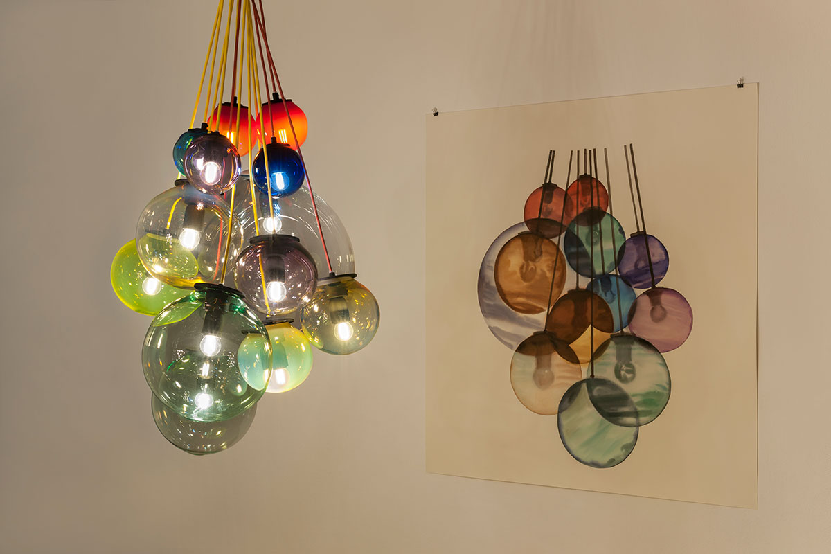 Tobias Rehberger, Retikulozyten 2,7, 2022, glass, bulbs, cable, acrylic on paper dimensions variable© Tobias Rehberger, Courtesy: the artist and GALLERIA CONTINUA, Photo by: Dong Lin