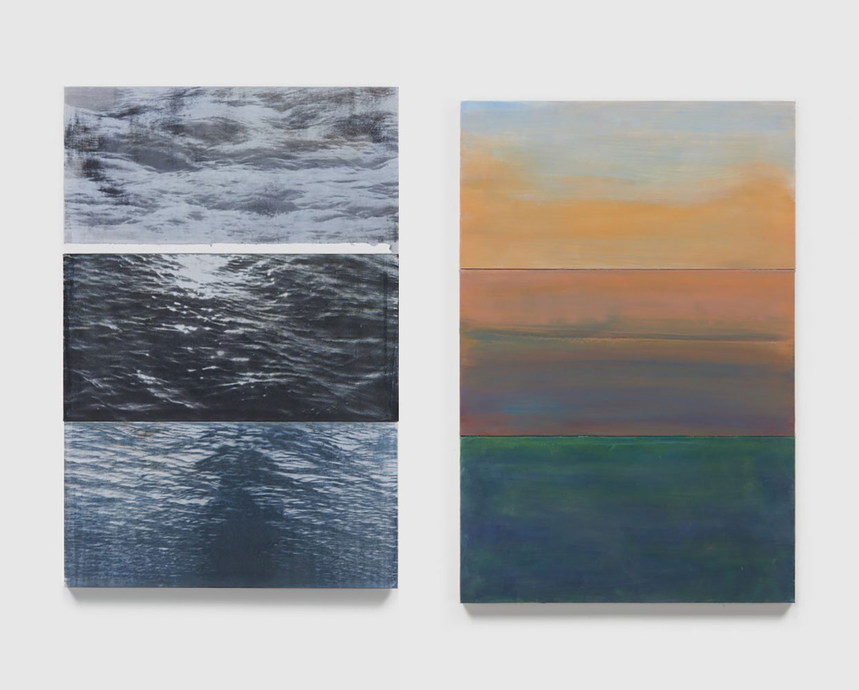 Left: Byron Kim, B.Q.O. 4, 2020, Silkscreen and acrylic on canvas mounted on panel, 36 x 24 in., 91.4 x 61 cm, © Byron Kim, Courtesy the artist and Kukje GalleryRight: Byron Kim, B.Q.O. 11, 2020, Acrylic on canvas mounted on panel, 36 x 24 in., 91.4 x 61 cm, © Byron Kim, Courtesy the artist and Kukje Gallery