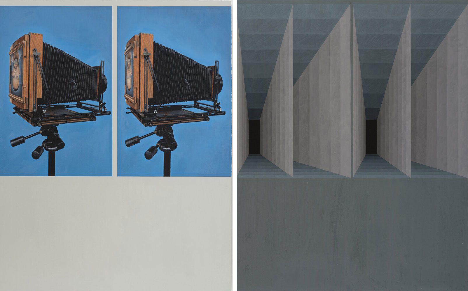 Left: Julian Hoeber, Self-Portrait Flat and Out of Frame, 2022, Vinyl paint, oil, acrylic, and graphite on linen over panel, 59 1/4 x 47 1/4 x 2 inches, © Julian Hoeber, Courtesy the artist and Blum & Poe GalleryRight: Julian Hoeber, Two Halls, 2022, Flashe, acrylic, and graphite on linen over panel, 59 x 47 1/8 x 2 inches, Photo: Heather Rasmussen, © Julian Hoeber, Courtesy the artist and Blum & Poe Gallery