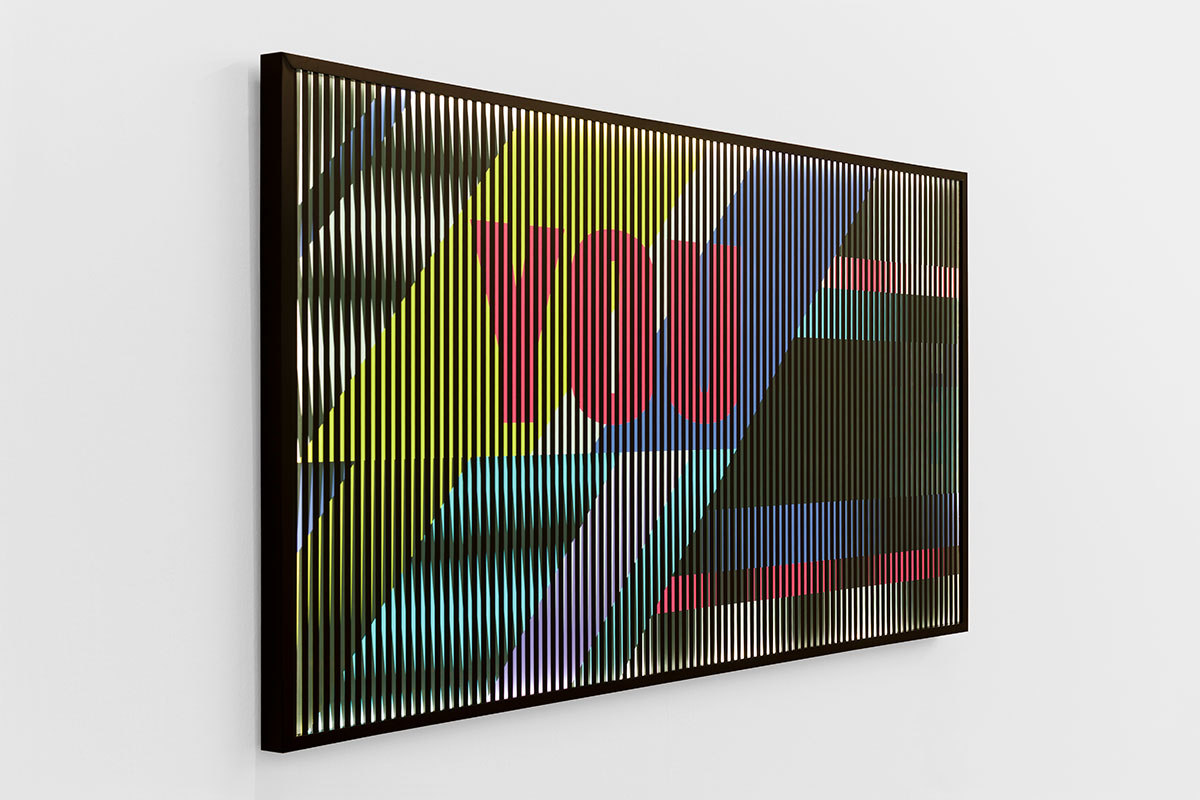 Tobias Rehberger, / Change of Mind 10, 2014, Adhesive film on tempered glass, LEDs, metal frame 98,5 x 167 x 4 cm, © Tobias Rehberger, Courtesy: the artist and GALLERIA CONTINUA, Photo by: Dong Lin