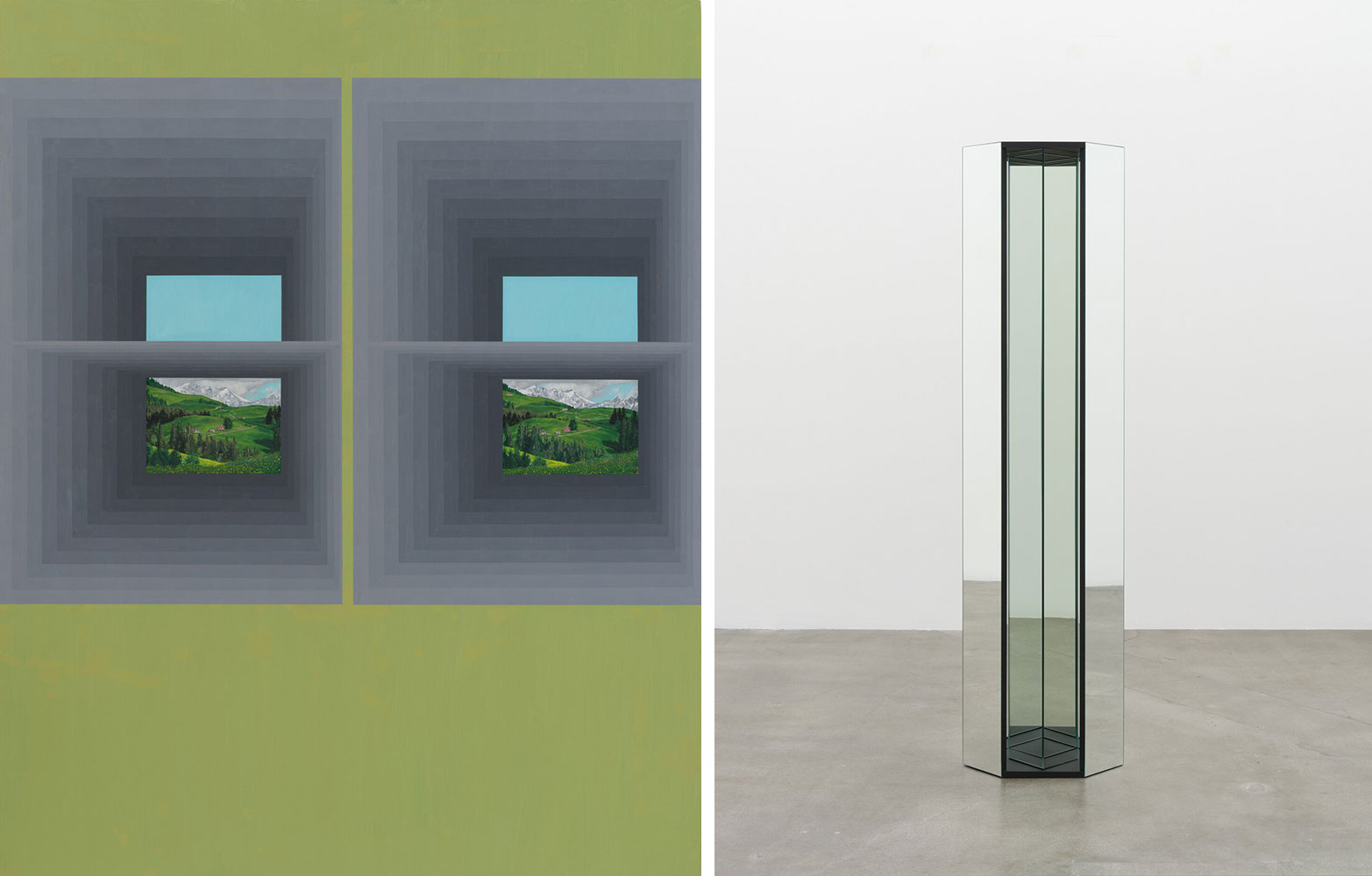 Left: Julian Hoeber, The First Image that Comes Up When You Google “Landscape", 2022, Vinyl paint, oil, acrylic, and graphite on linen over panel, 59 x 47 1/4 x 2 inches, Photo: Heather Rasmussen, © Julian Hoeber, Courtesy the artist and Blum & Poe GalleryRight: Julian Hoeber, I Went to See Myself but I Saw You (Glass), 2022, Glass mirror, birch plywood, acrylic paint, and hardware, 73 1/2 x 19 x 9 1/2 inches, Photo: Heather Rasmussen, © Julian Hoeber, Courtesy the artist and Blum & Poe Gallery