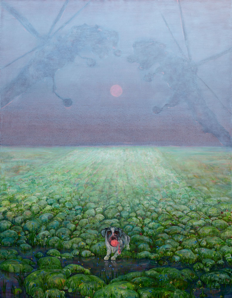 Andriu Deplazes, Two fluorescent balls, 2023, oil on canvas, 252 x 196 cm, Courtesy of the artist and Galerie Peter Kilchmann, Zurich, Photo: David Giancatarina