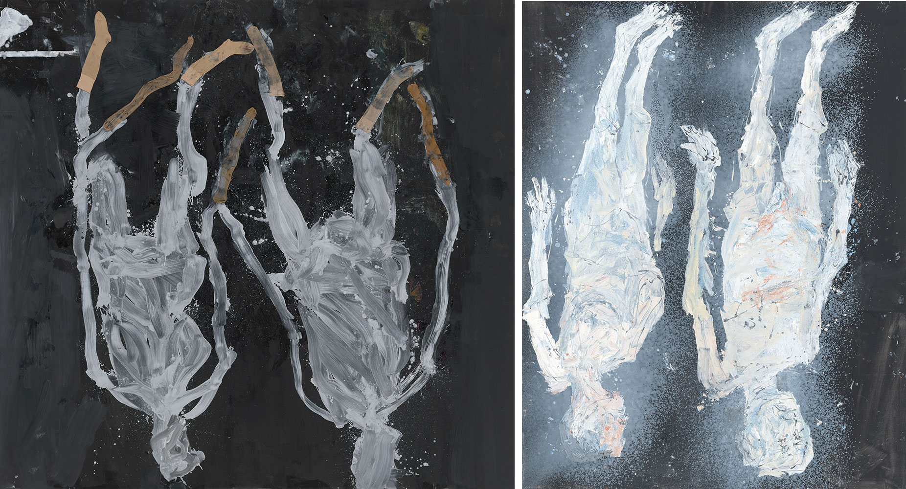 Left: Georg Baselitz, Displaced Persons, 2020, Oil, dispersion adhesive, and nylon stockings on canvas, 295 × 310 cm, Courtesy Gagosian, © Georg Baselitz 2023, photo: Jochen Littkemann, BerlinRight: Georg Baselitz, Where To, 2017, Oil on canvas, 305 × 240 cm, Munich, Wittelsbacher Ausgleichsfonds, © Georg Baselitz 2023, photo: Jochen Littkemann, Berlin