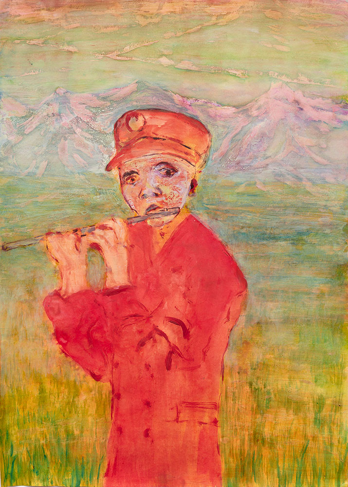 Andriu Deplazes, Trompetersoldat mit Piccolo und Uniform (Trompetersoldat with piccolo and uniform), 2023, ink, watercolour and oil on paper, 69,5 x 49,5 cm, Courtesy of the artist and Galerie Peter Kilchmann, Zurich, Photo: David Giancatarina