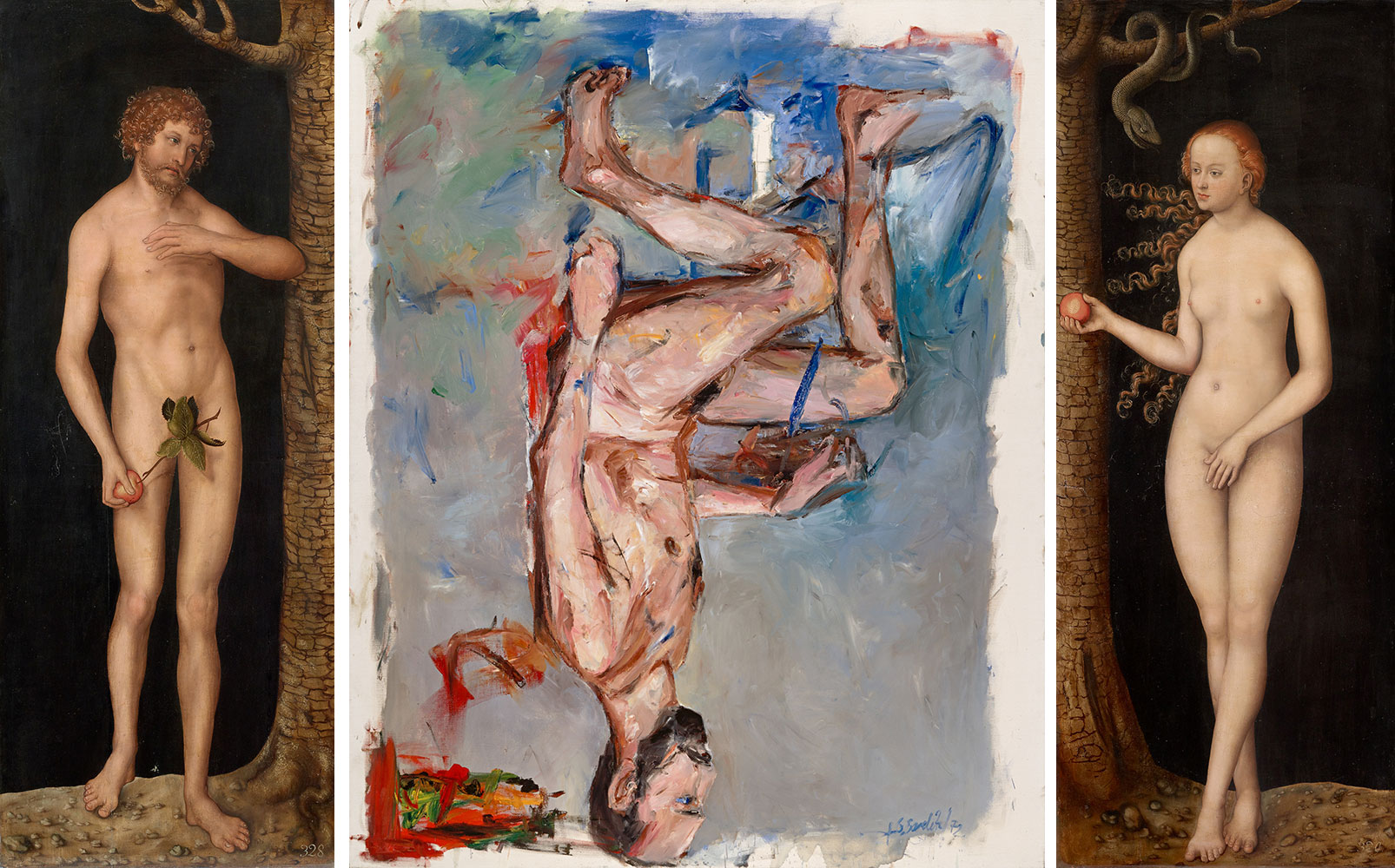 Left: Lucas Cranach the Elder, The Fall: Adam, 1510/20, Lime panel, 137 × 54 cm, Kunsthistorisches Museum Vienna, Picture Gallery, © KHM-MuseumsverbandCenter: Georg Baselitz, Finger Painting – Nude, 1972, Oil on canvas, 200 × 162 cm, Amsterdam, Stedelijk Museum, © Georg Baselitz 2023, photo: Lothar Schnepf, Cologne Right: Lucas Cranach the Elder, The Fall: Eve, 1510/20, Lime panel, 137 × 54 cm, Kunsthistorisches Museum Vienna, Picture Gallery, © KHM-Museumsverband