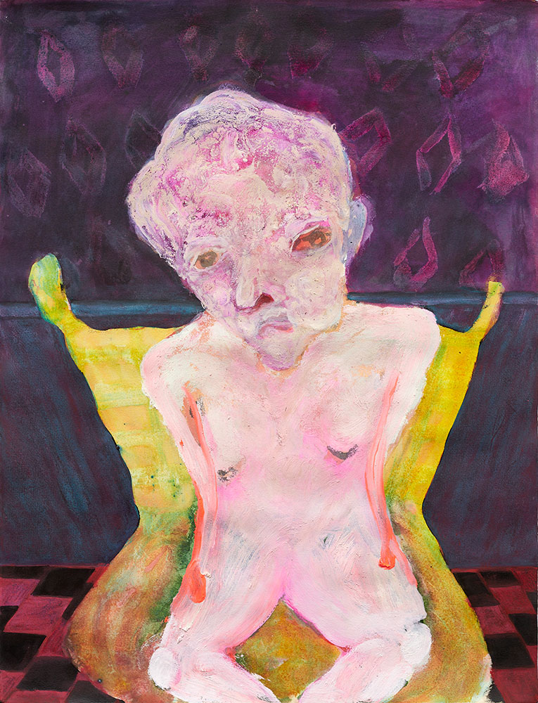 Andriu Deplazes, Körper auf gelbem Stuhl (Body on yellow chair), 2023, ink, watercolour and oil on paper , 65,5 x 50 cm, Courtesy of the artist and Galerie Peter Kilchmann, Zurich, Photo: David Giancatarina
