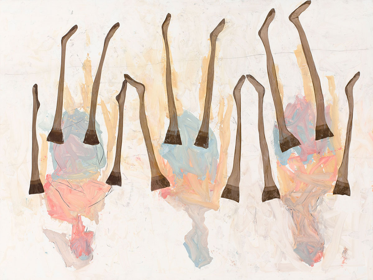 Georg Baselitz, Nylon Parade, 2022, Oil, dispersion adhesive, and nylon stockings on canvas, 300 × 400 cm, Private collection, © Georg Baselitz 2023, photo: Jochen Littkemann, Berlin