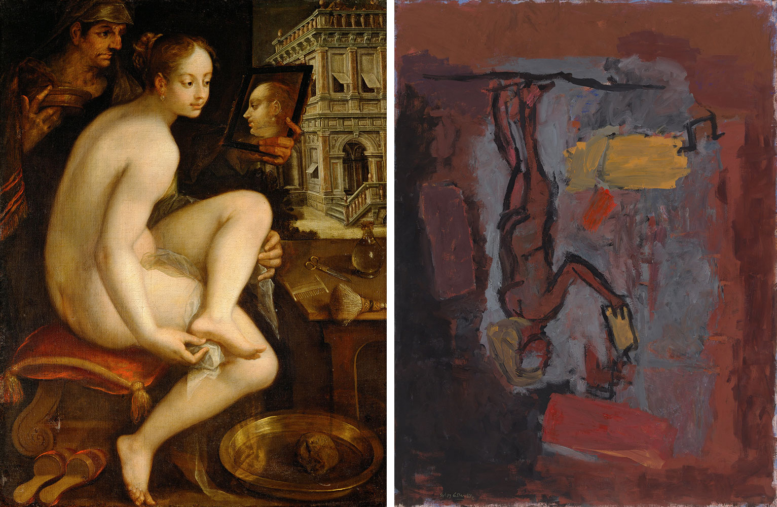 Left: Hans von Aachen, David and Bathsheba, 1612/15, Oil on Canvas, 138 × 105 cm, Kunsthistorisches Museum Vienna, Picture Gallery, © KHM-MuseumsverbandRight: Georg Baselitz, The Reading Girl, 1979, Oil and tempera on canvas, 330 × 250 cm, Private collection, © Georg Baselitz 2023, photo: Jochen Littkemann, Berlin