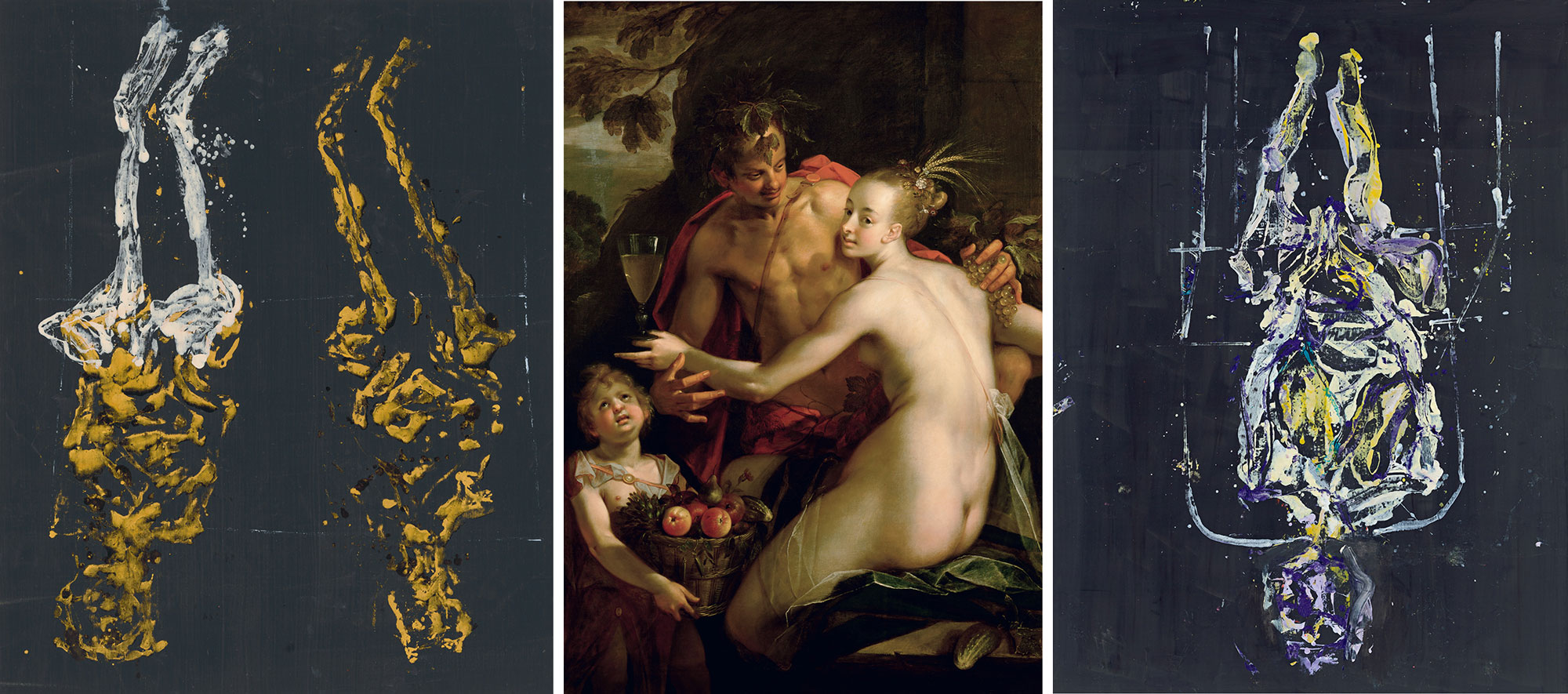 Left: Georg Baselitz, Menu militare, 2021, Oil and painter’s gold varnish on canvas, 250 × 200 cm, Private collection. © Georg Baselitz 2023, photo: Jochen Littkemann, BerlinCenter: Hans von Aachen, Bacchus, Ceres and Amor, c.1600, Oil on Canvas, 163 × 113 cm, Kunsthistorisches Museum Vienna, Picture Gallery, © KHM-Museumsverband Right: Georg Baselitz, Costa azzurra I, 2020, Oil on canvas, 280 × 208 cm, Private collection, © Georg Baselitz 2023, photo: Jochen Littkemann, Berlin