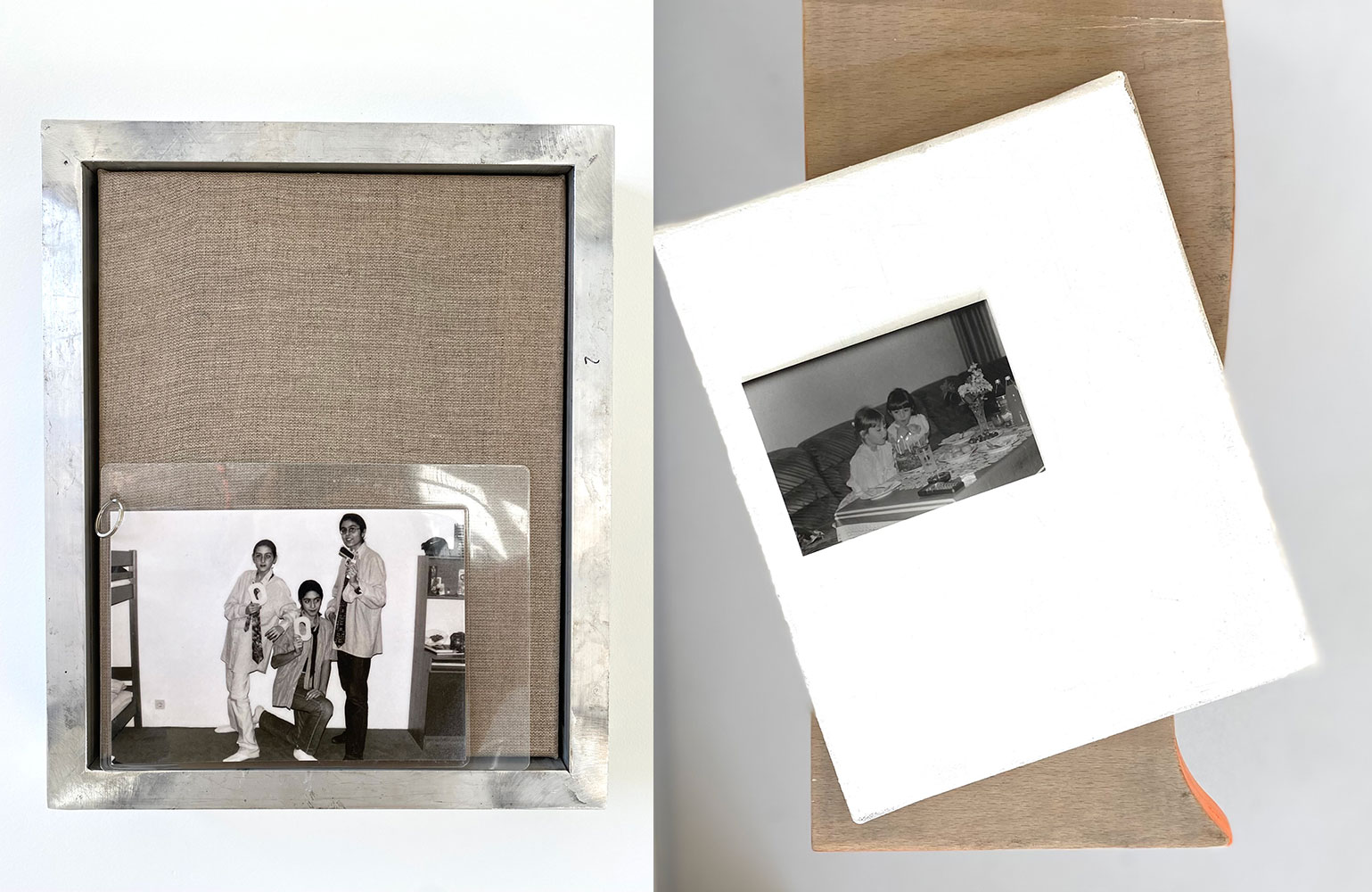 Left: Ahu Dural, Abschied (I), from the series Spaces of Belonging, 2023, Aluminium, canvas, print, foil, metal ring, approx. 6 x 26 x 35 cm , © Photo: Ahu DuralRight: Ahu Dural, Akkord (Variation Y. Geburtstag), from the series Spaces of Belonging, 2023 Wood, approx. 25 x 63 x 150 cm , © Photo: Ahu Dural