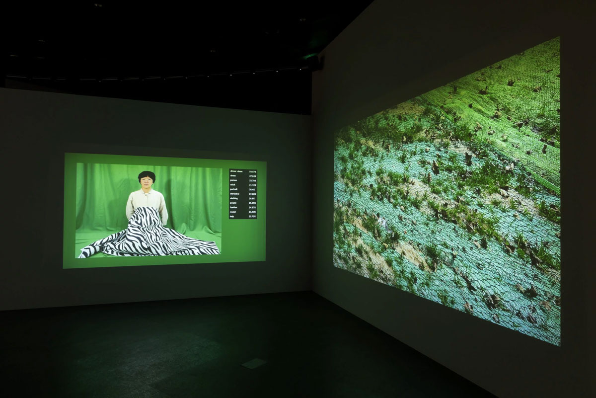 Unmake Lab, Utopian Extraction, 2020, media installation, three-channel video, stones, webcam, computer, real-time object detection A.I. system, dimension variable, © Unmake Lab, Courtesy the artist and Nam June Paik Art Center