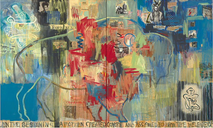 Jaune Quick-to-See Smith, Genesis, 1993. Oil, paper, newspaper, fabric, and charcoal on canvas, two panels: 60 × 100 in. (152.4 × 254 cm) overall. High Museum of Art, Atlanta; purchase with funds provided by AT&T NEW ART/NEW VISIONS and with funds from Alfred Austell Thornton in memory of Leila Austell Thornton and Albert Edward Thornton, Sr., and Sarah Miller Venable and William Hoyt Venable. © Jaune Quick-to-See Smith. Photograph courtesy the artist and Garth Greenan Gallery, New York