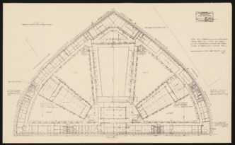 Poelzig Hans (1869-1936), Haus des Rundfunks, Berlin-Charlottenburg: Projekt 1929/30, Grundriss 1. OG (verkleinert). Lichtpause auf Papier, 45,00 x 72,00 cm (inkl. Scanrand). Architekturmuseum der Technischen Universität Berlin Inv. Nr. 4620.