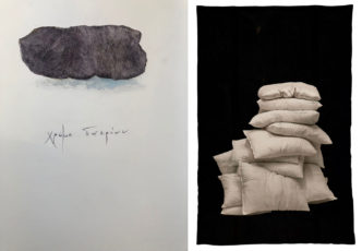 Left: Eleftheria Stoikou, Heroic losses, 2023, Mixed media, 45 X 50 cm, © Eleftheria Stoikou Right: George Harvalias, Untitled, Oil paint on military blanket, 120 Χ 90 cm, © George Harvalias