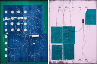 Left: Martin Boyce, Celestial Hardware, 2023, Lacquered steel, painted plywood, wood block print on Madrid litho paper, cellulose paint on cast bronze and bronze wire, 134 x 101 x 4 cm / 52 7/8 x 39 7/8 x 1 5/8 in, © Martin Boyce, Courtesy the artist and Eva Presenhuber. Right: Martin Boyce, Night After Night, 2023, Lacquered steel, painted plywood, wood block print on madrid litho paper, cellulose paint on cast bronze and bronze wire, 220 x 164 x 5 cm / 86 5/8 x 64 5/8 x 2 in, © Martin Boyce, Courtesy the artist and Eva Presenhuber
