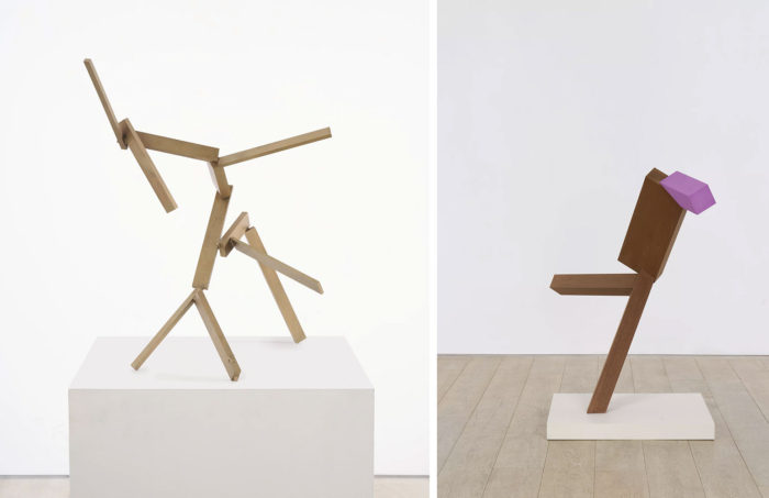 Left: Joel Shapiro, untitled, 2019–2021, Bronze, 31 13/16 x 27 1/4 x 27 1/4 inches (80.8 x 69.2 x 69.2 cm), © 2023 Joel Shapiro / Artists Rights Society (ARS), New York, Courtesy Pace Gallery. Right: Joel Shapiro, untitled, 2021-2022, wood and casein, 52-5/8" × 61" × 21-3/4" (133.7 cm × 154.9 cm × 55.2 cm), © 2023 Joel Shapiro / Artists Rights Society (ARS), New York, Courtesy Pace Gallery