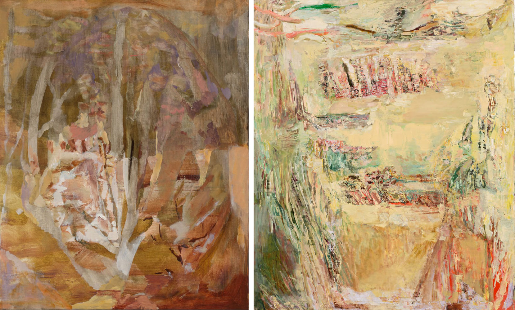 Left: Francesca Mollett, Palate, 2023, Oil on linen, 50 x 40 cm | 19 3/4 x 15 3/4 in, © Francesca Mollett, Courtesy the artist and Grimm GalleryRight: Francesca Mollett, Bended knee, 2023, Oil and acrylic on canvas, 190 x 160 cm | 74 3/4 x 63 in, © Francesca Mollett, Courtesy the artist and Grimm Gallery