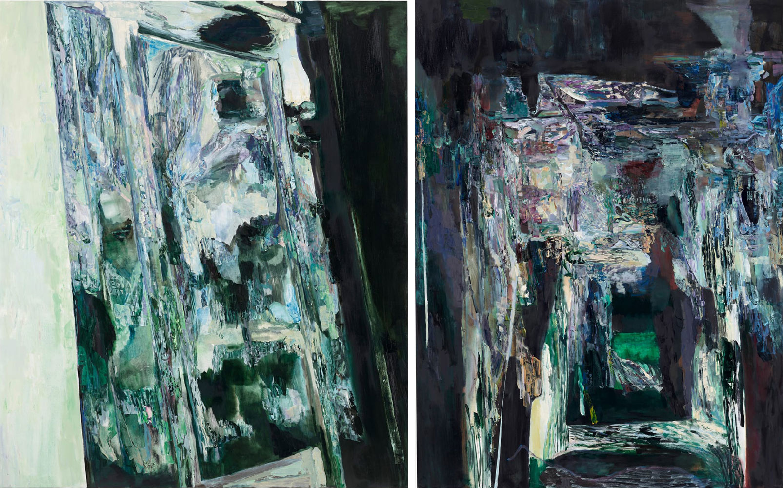 Left: Francesca Mollett, Daylight black, 2023, Oil and acrylic on calico, 190 x 160 cm | 74 3/4 x 63 in, © Francesca Mollett, Courtesy the artist and Grimm GalleryRight: Francesca Mollett, Spokes, 2023, Oil and acrylic on calico, 200 x 150 cm | 78 3/4 x 59 in, © Francesca Mollett, Courtesy the artist and Grimm Gallery