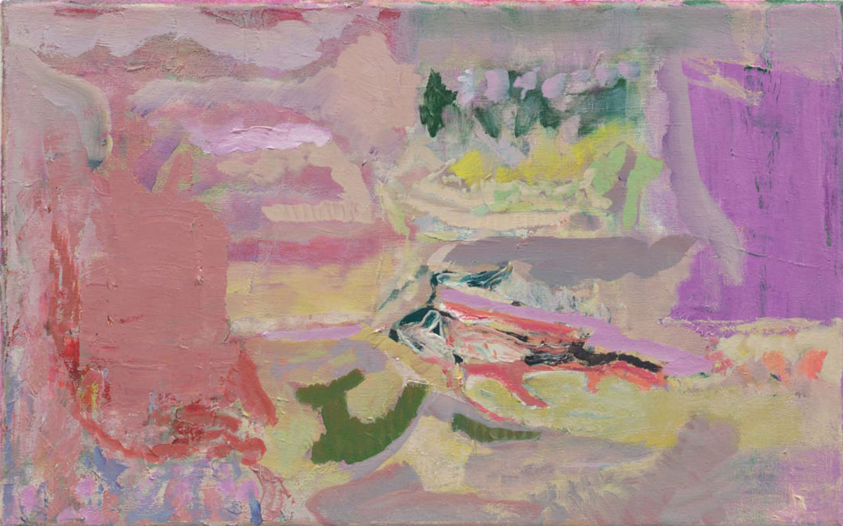 Francesca Mollett, Halves, 2023, Oil and acrylic on calico, 25 x 40 cm | 9 7/8 x 15 3/4 in, © Francesca Mollett, Courtesy the artist and Grimm Gallery