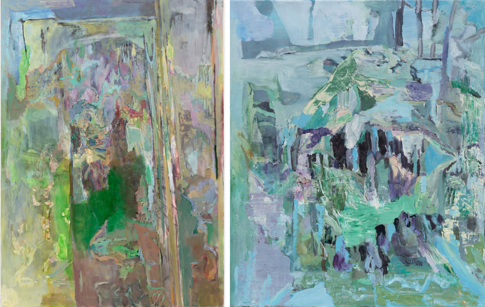 Left: Francesca Mollett, Lining / spilt shell, 2023, Oil and acrylic on calico, 180 x 130 cm | 70 7/8 x 51 1/8 in, © Francesca Mollett, Courtesy the artist and Grimm GalleryRight: Francesca Mollett, Ringed mirror, 2023, Oil on linen, 60 x 50 cm | 23 5/8 x 19 3/4 in, © Francesca Mollett, Courtesy the artist and Grimm Gallery