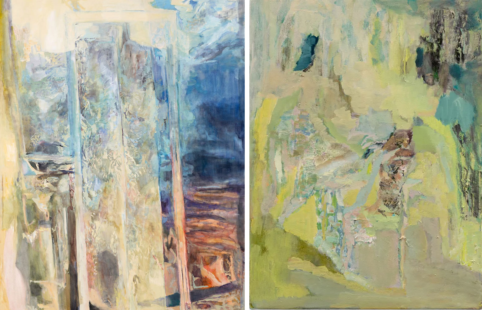 Left: Francesca Mollett, Short cut, 2023, Oil on linen, 230 x 180 cm | 90 1/2 x 70 7/8 in, © Francesca Mollett, Courtesy the artist and Grimm GalleryRight: Francesca Mollett, Room in river, 2023, Oil and acrylic on calico, 40.5 x 30.5 cm | 16 x 12 in, © Francesca Mollett, Courtesy the artist and Grimm Gallery