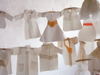 Marigo Kassi, Presences – Absences, 2020 – 23, Mixed media, χειροποίητα χαρτιά, decorative braids, ribbon, wooden hanger, Dimensions variable