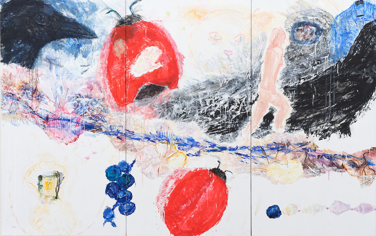 Cong, Ravens and Ladybugs, 2023, Oil on canvas, 190 x 300 cm, © Cong, Courtesy the artist and Antenna Space Gallery