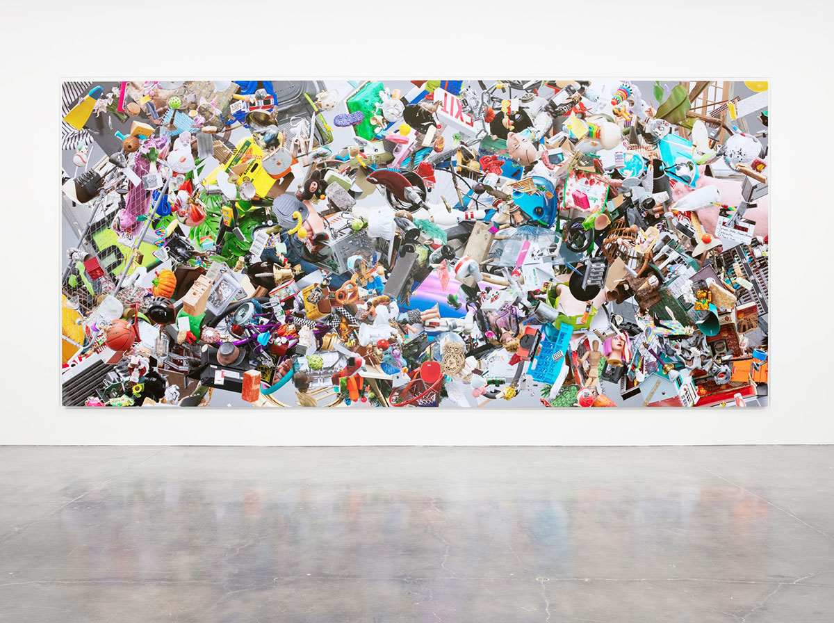 Urs Fischer, CHAOS #501, 2022 Raw data file, instructions for rendering the artwork in motion, digital rendering, URL, and LED screen, 160 ¾ × 349 ¼ × 2 inches (408.1 × 886.9 × 5.1 cm, © Urs Fischer. Photo: Tom Powel Imaging, Courtesy the artist and Gagosian
