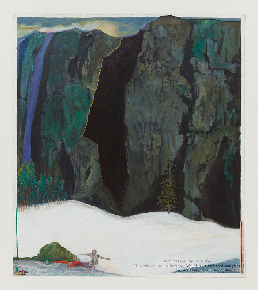 Jo Baer, Snow-Laden Primeval (Meditations, on Log Phase and Decline rampant with Flatulent Cows and Carbon Cars), 2020, oil paint on canvas, 67-11/16" × 60-1/4" (171.9 cm × 153 cm),© Jo Baer, Courtesy Irish Museum of Moder Art