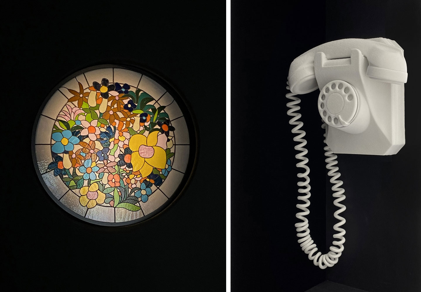 Left: Alex Da Corte, The Flower Moon 2022, Stained glass, pivoting steel frame, velvet, LEDs, 50¼ × 50¼ inches; 128 × 128 cm, © Alex Da Corte, Courtesy the artist and Matthew Marks GalleryRight: Alex Da Corte, The Brick 2023, Flock, telephone, aluminum, bondo, 18 × 11 × 5 inches; 46 × 28 × 13 cm, © Alex Da Corte, Courtesy the artist and Matthew Marks Gallery