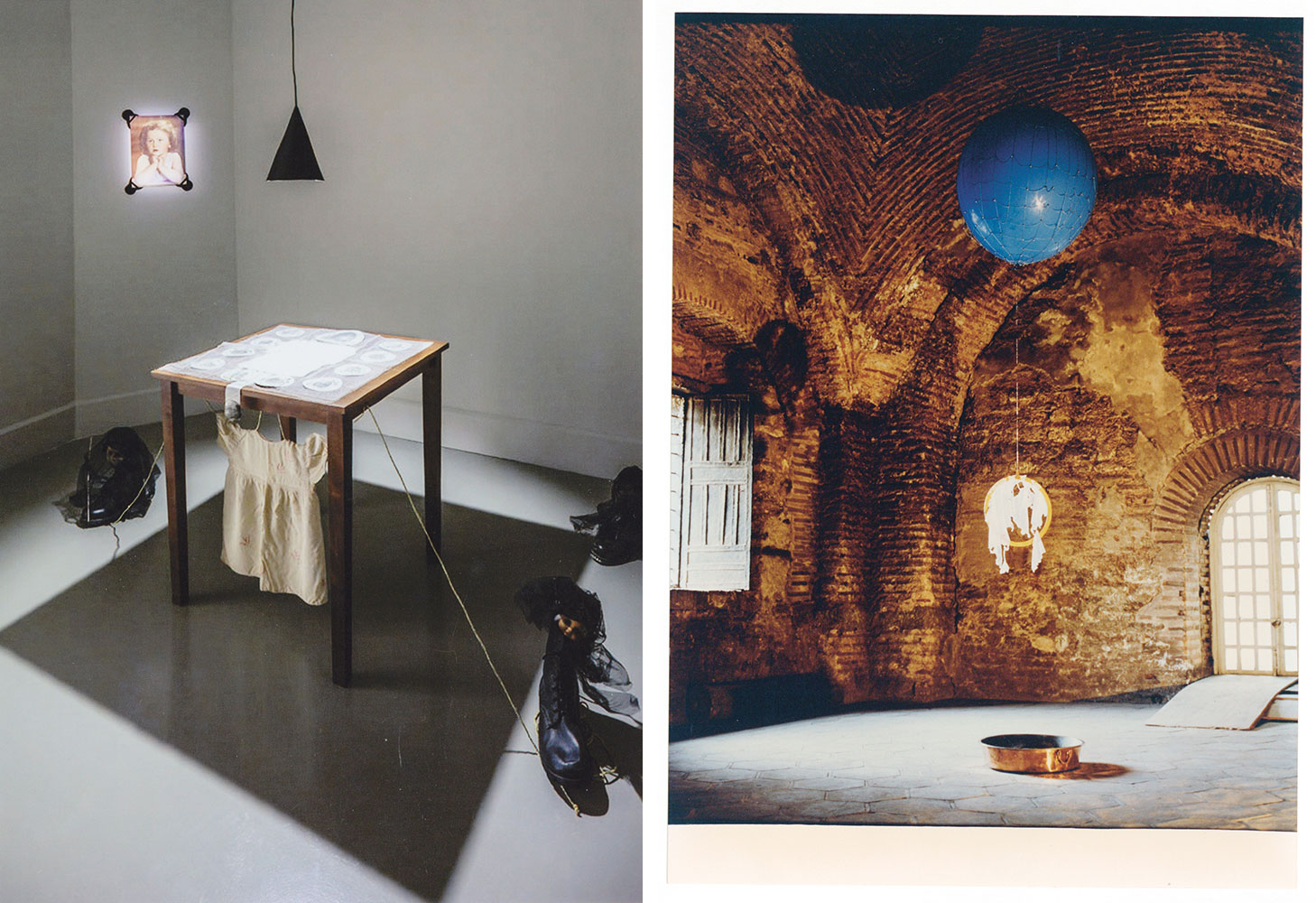 Left: Fusun Onur, War from a child's perspective, 1994, Exhibition view Through the Looking Glass, Arter, 2014, Table, photos, boots, doll, baby dress, various materials, Arter Collection, Istanbul, © Füsun Onur, Photo: Murat GermenRight: Fusun Onur, Let's meet at the Orient, 1995, rubber balloon, silk, rope, wood, copper tub; Brass letters, Van Abbemuseum, Eindhoven, Installation view 4th Istanbul Biennale, Orient/ation, Hagia Irene, 1995