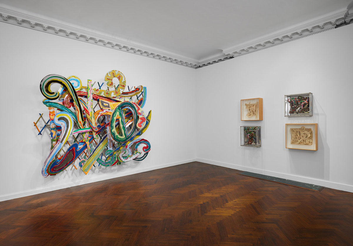 Installation view of Frank Stella: Indian Birds, at Mnuchin Gallery, 2023, © Frank Stella / Artists Rights Society (ARS), New York;Photography by Tom Powel Imaging, Inc.