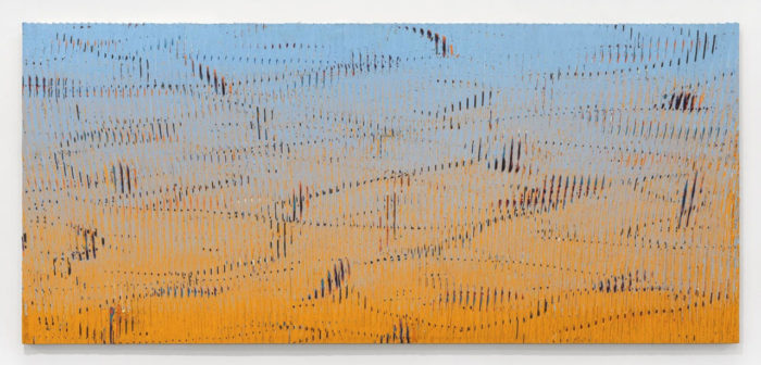 Loriel Beltrán, OB atmosphere (interrupted), 2023,Latex paint on panel, 40 x 90 inches, 101.6 x 228.6 cm, © Loriel Beltrán. Courtesy the artist and Lehmann Maupin, New York, Hong Kong, Seoul, and London and CENTRAL FINE, Miami Beach, Photo by Zachary Balber