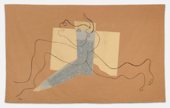 Pablo Picasso, Minotaure, 1935, Silk tapestry created by Ateliers Aubusson after original collage by Picasso, 55 7/8 × 93 3/8 inches (142 × 237 cm), Musée Picasso, Antibes, France, © 2023 Estate of Pablo Picasso/Artists Rights Society (ARS), New York, Photo: François Fernandez, Courtesy Musée Picasso, Antibes, France, and Gagosian