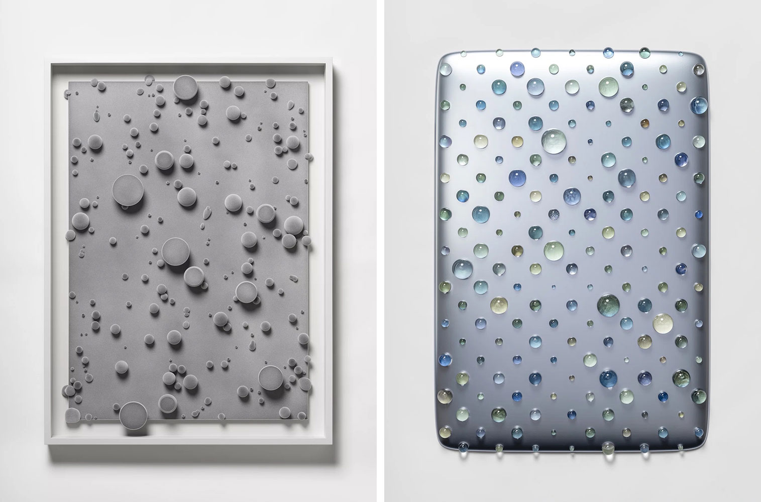 Left: Kohei Nawa, Rhythm#13 (Velvet), 2022, mixed media (wood panel, wood ball, paint, velvet, wooden frame), frame size: 128 cm × 95 cm × 9.7 cm (50-3/8" × 37-3/8" × 3-13/16") image size: 113 cm × 80 cm × 6.8 cm (44-1/2" × 31-1/2" × 2-11/16"), © Kohei Nawa, Courtesy the artist and Pace GalleryRight: Kohei Nawa, Cell System#2, 2022, mixed media (aluminum panel, glass beads, pigment, resin), 157.5 cm × 108 cm × 7.5 cm (62" × 42-1/2" × 2-15/16"), © Kohei Nawa, Courtesy the artist and Pace Gallery