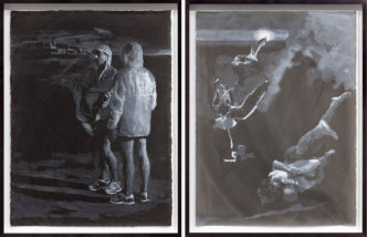Left: Guillaume Bresson, Sans titre, 2022, Gouache on paper prepared in acrylic, 83, 5 x 64 x 5 cm (32 7/8 x 25 3/16 x 1 31/32 in), © Guillaume Bresson, Courtesy the artist and Galerie Nathalie Obadia. Photo Right: Guillaume Bresson, Sans titre, 2022, Gouache on paper prepared in acrylic, 83, 5 x 64 x 5 cm (32 7/8 x 25 3/16 x 1 31/32 in), © Guillaume Bresson, Courtesy the artist and Galerie Nathalie Obadia