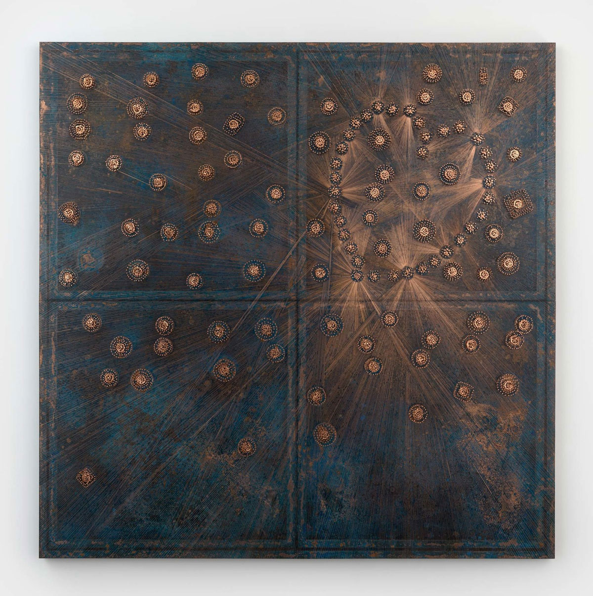 Nari Ward, Walk: Rally, 2023, Copper sheet, copper nails, and darkening patina, 84 x 84 x 3 inches, 213.4 x 213.4 x 7.6 cm, Photo by Elisabeth Bernstein, © Nari Ward. Courtesy the artist and Lehmann Maupin Gallery