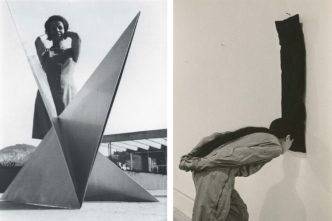 Photo left: Portrait of Lygia Clark with Bicho Ponta. Rio de Janeiro, n/d. © Associação Cultural o Mundo de Lygia Clark Archive. Photo: Revista Manchete. Photo right: Franz Erhard Walther, Forehead Piece, No. 1, 1963. From First Work Set, 1963–1969. © Franz Erhard Walther / VG Bild-Kunst 2023. Photo: Barbara Brown