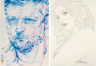 Photo left: Elizabeth Peyton, Volodymyr Zelenskyy, March 2022, 2022, Coloured pencil and pastel on paper. 21.3 x 15.2 cm (8.39 x 5.98 in). Courtesy Thaddaeus Ropac Gallery. Photo right: Andy Warhol, Ladies & Gentlemen, c.1975. Graphite on HMP paper. 101.6 x 68.6 cm (40 x 27 in). Courtesy Thaddaeus Ropac Gallery