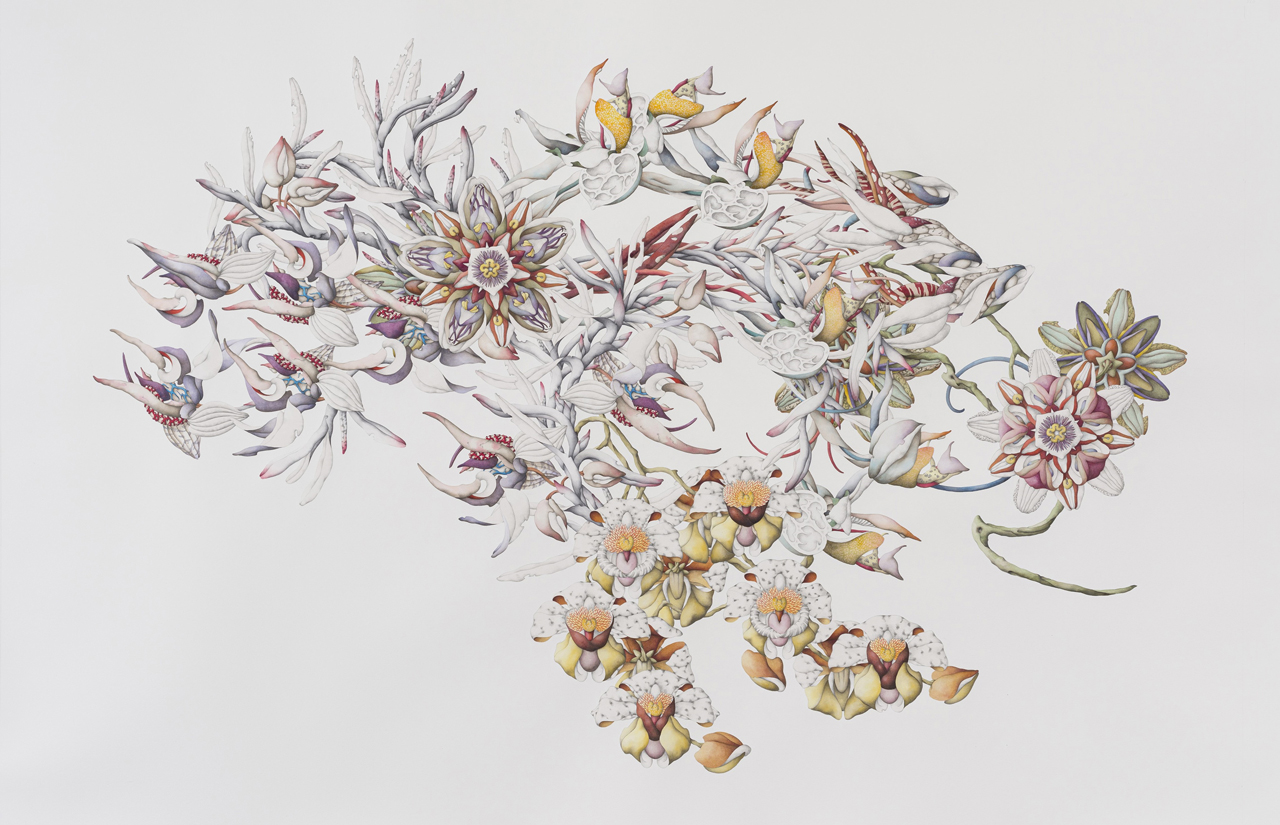 Miron Schmückle, Cosmic Attractors I, verso, 2023, Watercolor, Indian ink, genuine stone pigments, Polychromos crayons and pitt graphite on cotton cardboard 153 x 219 cm,© VG Bild-Kunst, Bonn 2023, Courtesy the artist and Setareh Düsseldorf, Photo: Joachim Schulz