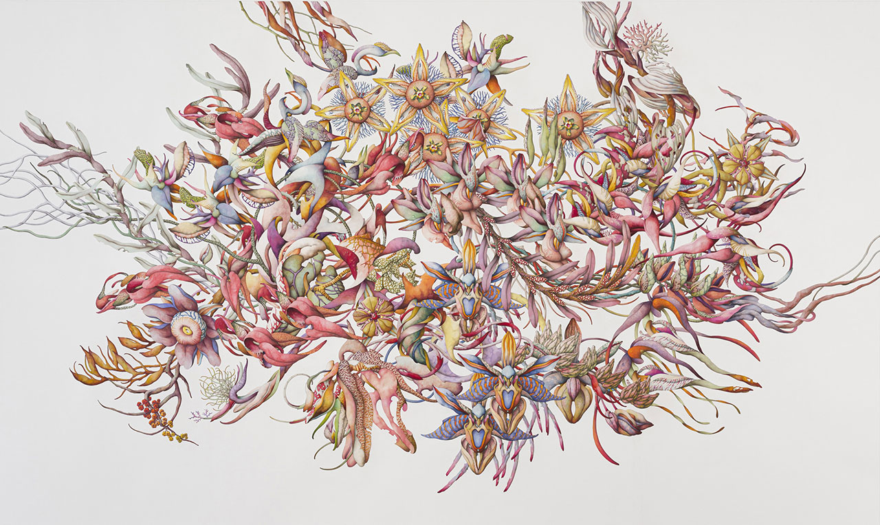 Miron Schmückle, Flesh for Fantasy, 2022, Watercolor, Indian ink, genuine stone pigments, Polychromos crayons and pitt graphite on cotton cardboard 190 x 310 cm, © VG Bild-Kunst, Bonn 2023, Courtesy the artist and Setareh Düsseldorf, Photo: Joachim Schulz