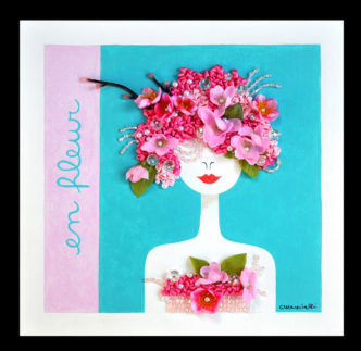Claudia Mazzitelli, EN FLEUR, 2022, Mixed technique on canvas (acrylic colors, pearls, corals, fake flowers, ribbons), 30 Χ 30 cm, © Claudia Mazzitelli, Courtesy the artist