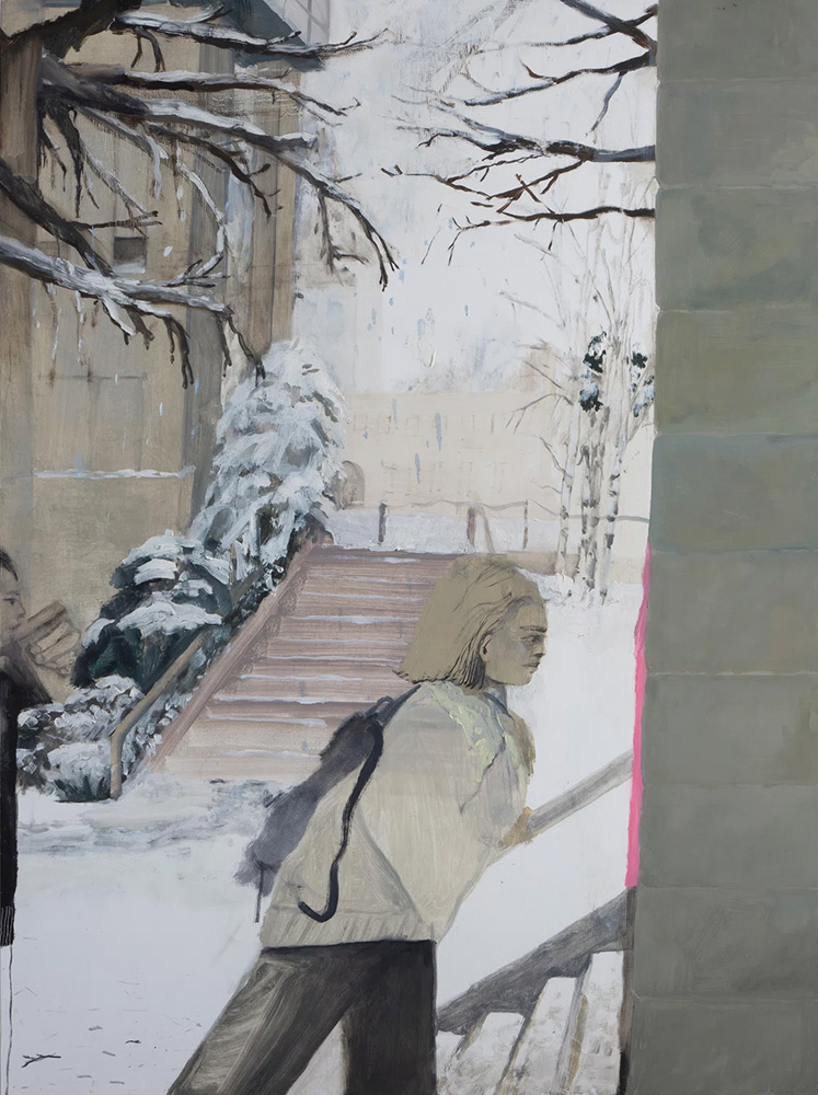 Aubrey Levinthal, Campus (Snow), 2023, oil on panel, 101.5 cm × 76.2 cm (39-15/16" × 30"), © Aubrey Levinthal,, Courtesy the artist and Pace Gallery