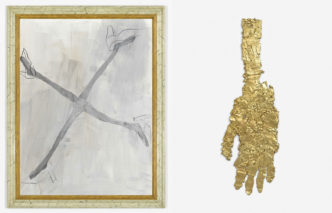 Photo left: Georg Baselitz, Die Pumps sind falsch, 2022, oil, dispersion adhesive, nylon stockings and charcoal on canvas, 200 x 150 cm, © Georg Baselitz, Courtesy the artist and Contemporary Fine Arts Galerie GmbH. Photo right: Georg Baselitz, De Koonings Hand, 2019, bronze fire-gilded, 159 x 53 x 2 cm© Georg Baselitz, Courtesy the artist and Contemporary Fine Arts Galerie GmbH