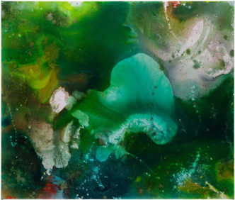 Mary Weatherford, Celadon Anemone, 2023, Flashe on linen, 79 × 93 inches (200.7 × 236.2 cm), © Mary Weatherford. Photo: Fredrik Nilsen Studio, Courtesy the artis and Gagosian