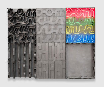 Chryssa, Americanoom, 1963. Aluminum, steel, stainless steel, and neon, 90 × 108 in. (228.6 × 274.3 cm). Collection Lowe Art Museum; Gift of Mr. and Mrs. Aron B. Katz. © The Estate of Chryssa, National Museum of Contemporary Art Athens. Image courtesy Lowe Art Museum at the University of Miami. Photo: Oriol Tarridas