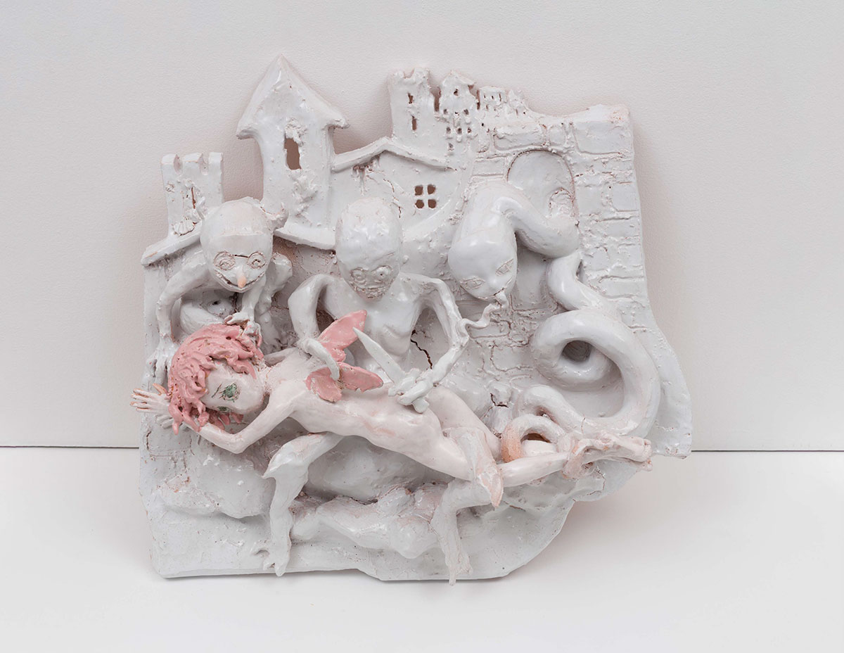Apollinaria Broche No name, 2022, Glazed ceramic, 30 x 31 x 10 inches, 76.2 x 78.7 x 25.4 cm, © Apollinaria Broche, Courtesy the artist and Marianne Boesky Gallery