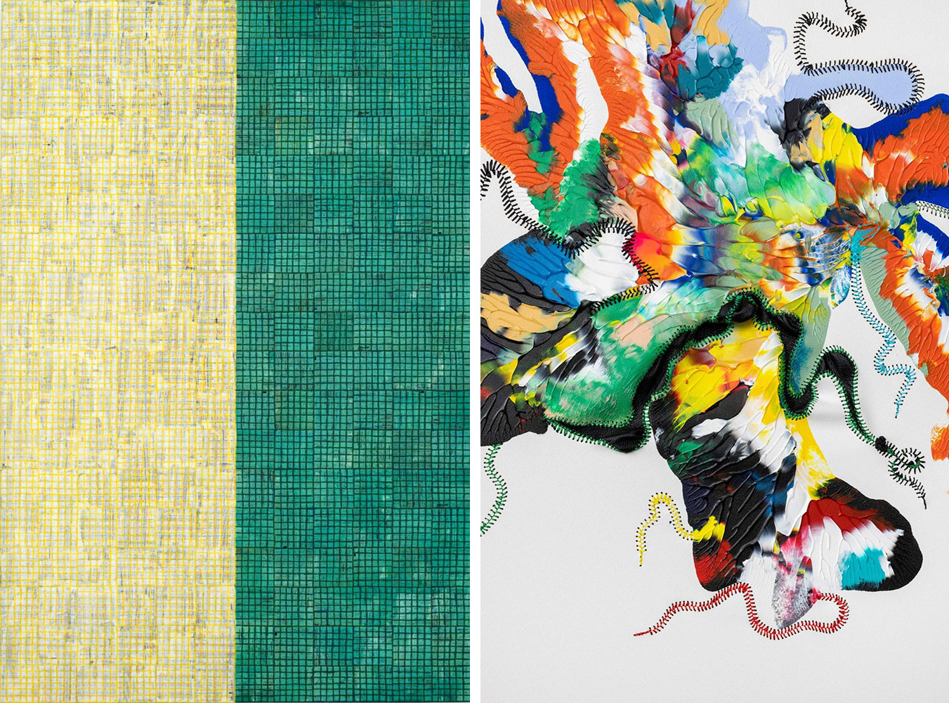 Left: McArthur Binion DNA:Study/(Visual:Ear), 2022, Ink, oil paint stick, and paper on board, 72 x 48 inches, 182.9 x 121.9 cm, © McArthur Binion, Courtesy the artist and Lehmann Maupin GalleryRight: Nicholas Hlobo, Uvathel'umsitho (detail0, 2023, Acrylic, leather, and ribbons on linen and cotton canvas, Diptych, each: 51.18 x 51.18 inches diameter, 130 x 130 cm, Photo: Andrea Rossetti, © Nicholas Hlobo Courtesy the artist and Lehmann Maupin Gallery