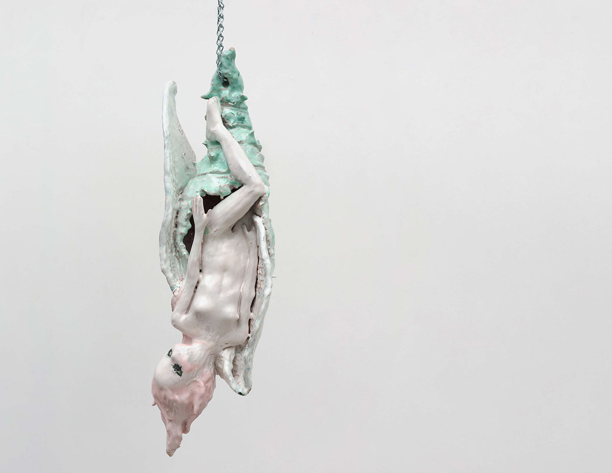 Apollinaria Broche, Still get those stupid belly butterflies, 2023, Glazed ceramic, chain, decal 32 1/8 x 16 x 5 1/2 inches 81.6 x 40.6 x 14 cm, © Apollinaria Broche, Courtesy the artist and Marianne Boesky Gallery